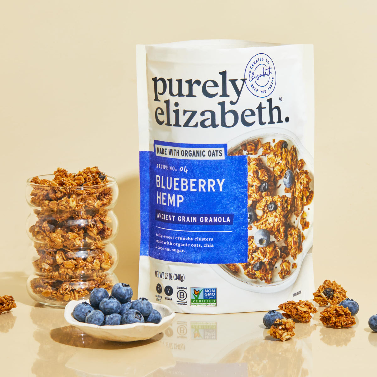 Purely Elizabeth ingredients display of amaranth quinoa chia in granola.