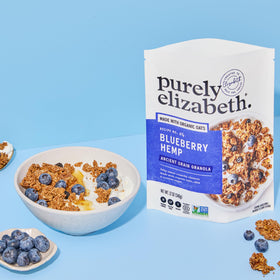 Purely Elizabeth Keto certified label close-up, signaling keto friendly snacking.
