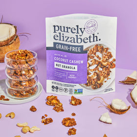 Purely Elizabeth keto-paleo certified label on packaging emphasizing diet-friendly option.