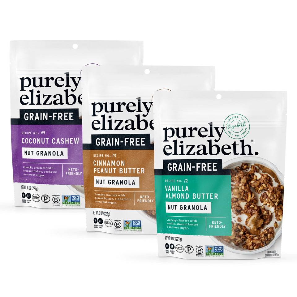 Purely Elizabeth Keto Vanilla Almond Butter Granola 8 oz bag, ideal for on-the-go snacking