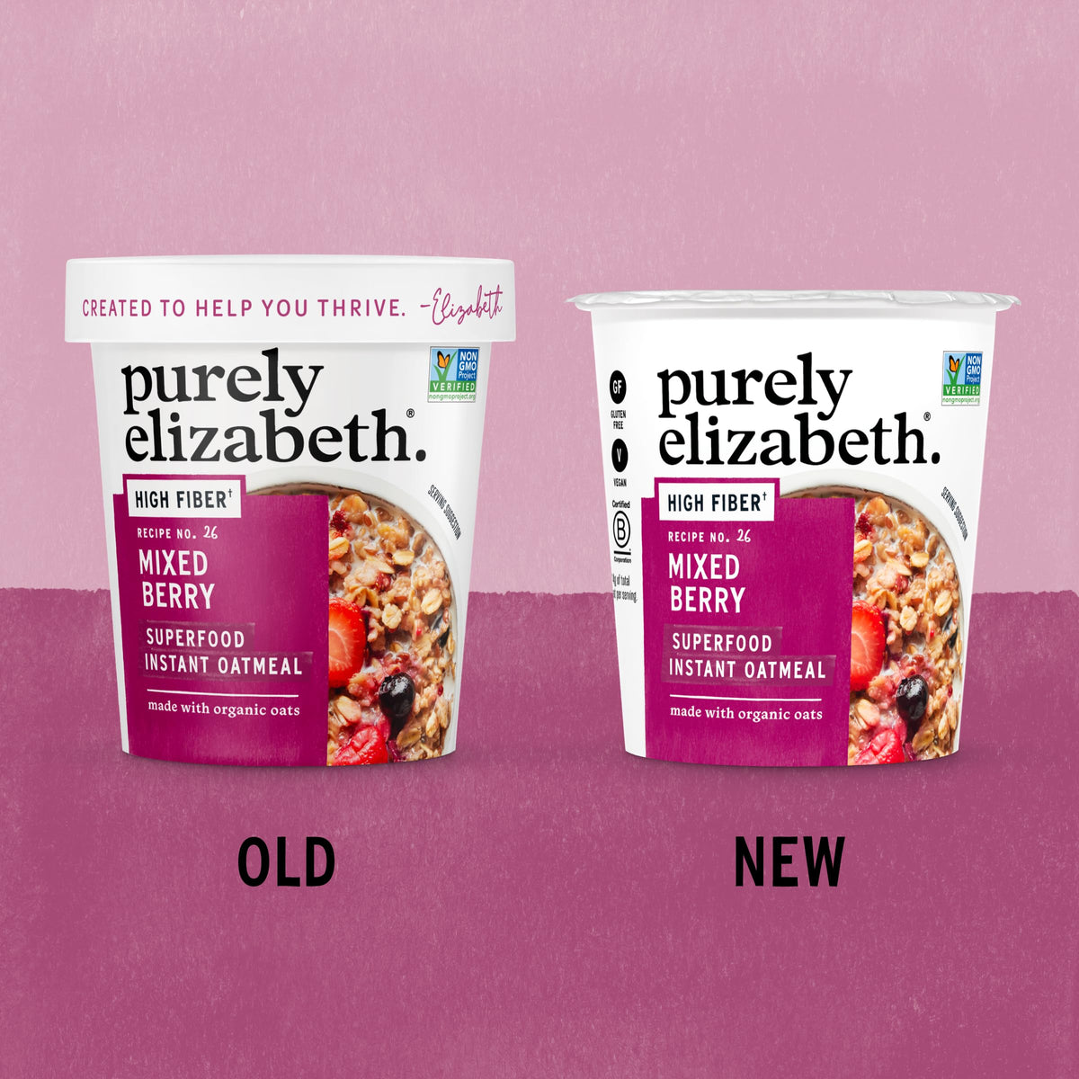 Purely Elizabeth oatmeal cup mixed-berry image, ready to heat for quick nourishment.
