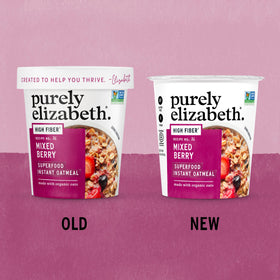Purely Elizabeth oatmeal cup mixed-berry image, ready to heat for quick nourishment.