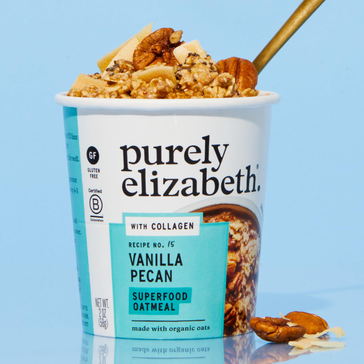 Close-up of oats texture with pecan pieces in Purely Elizabeth cup.
