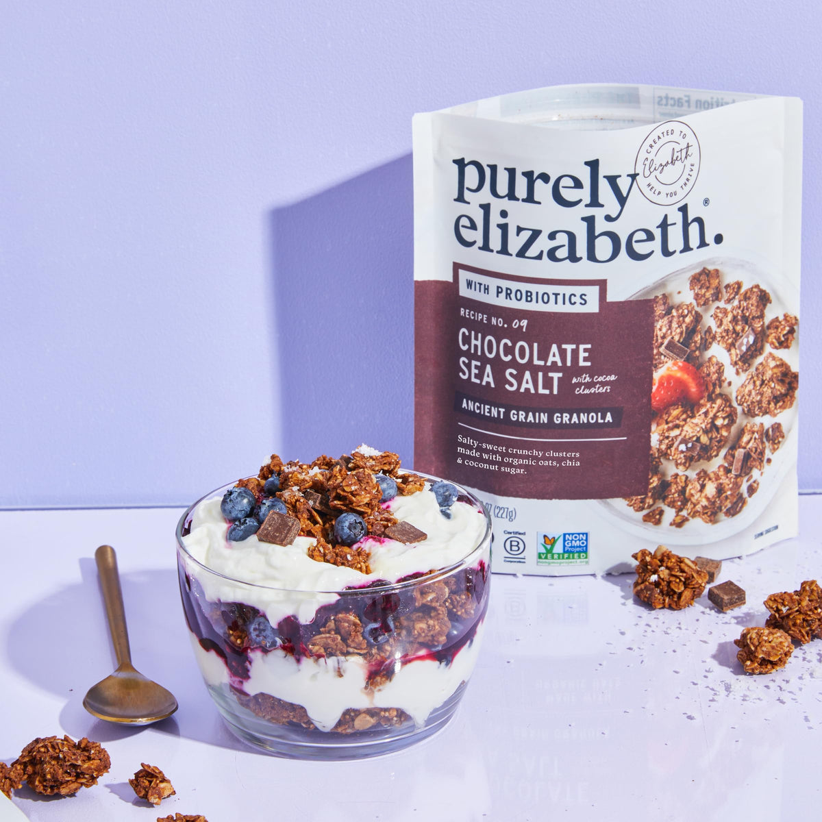 Purely Elizabeth Organic Gluten-Free Vegan badge on packaging signaling clean ingredients