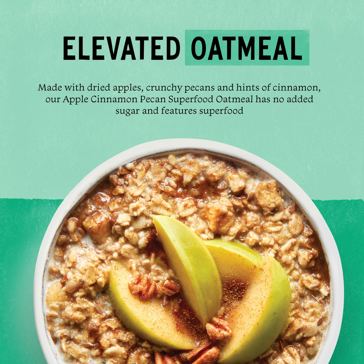 Purely Elizabeth Organic oats with pecans and apples close-up, fiber-rich mix.
