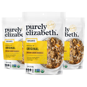 Purely Elizabeth Organic Original Ancient Grain Granola bags, perfect for quick breakfasts with yogurt.