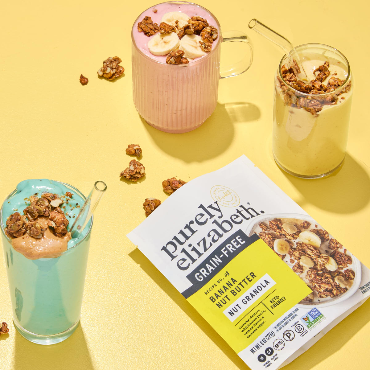 Paleo and keto certified packaging from Purely Elizabeth granola emphasizes clean ingredients.