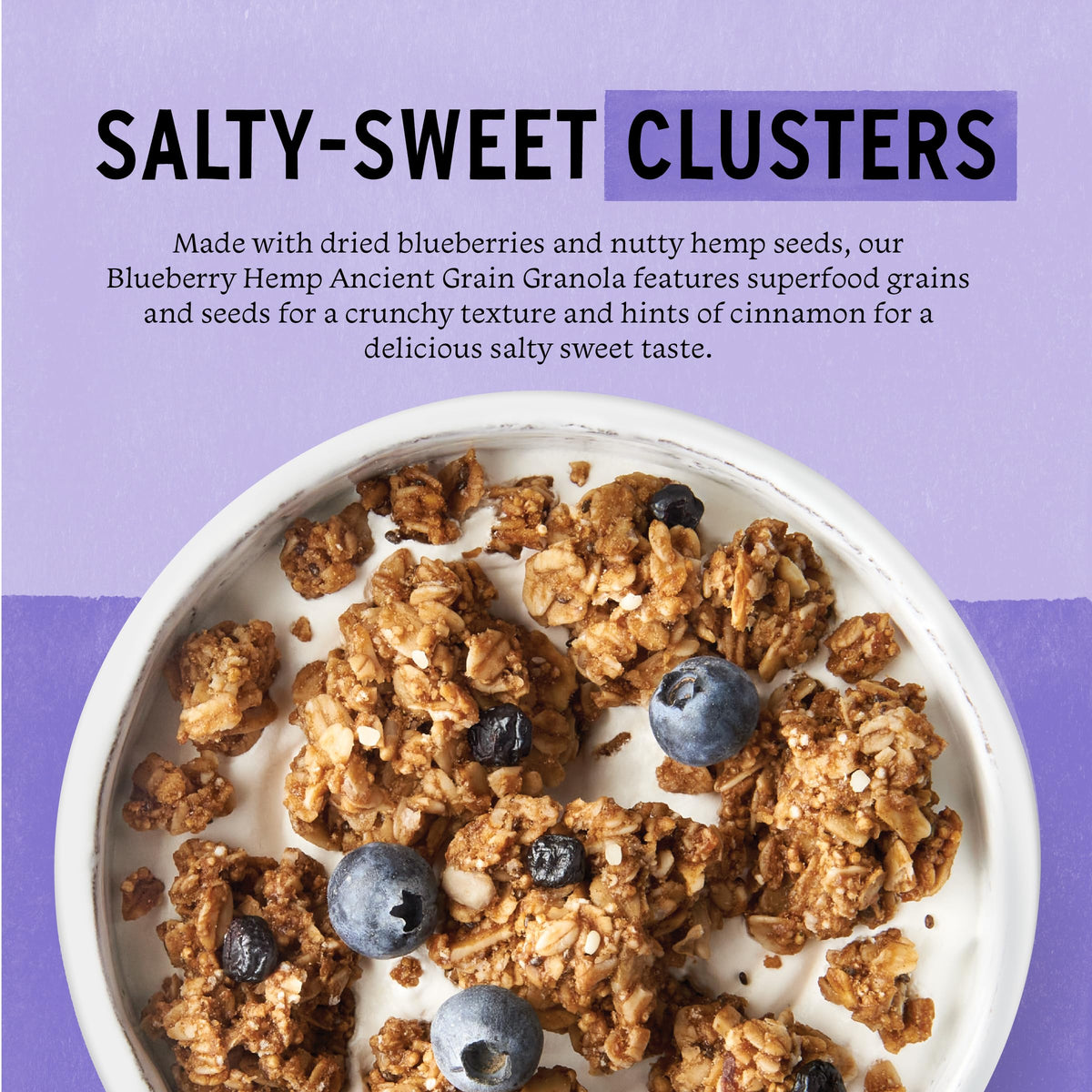Purely Elizabeth serving bowl with blueberry granola showing crunchy texture.