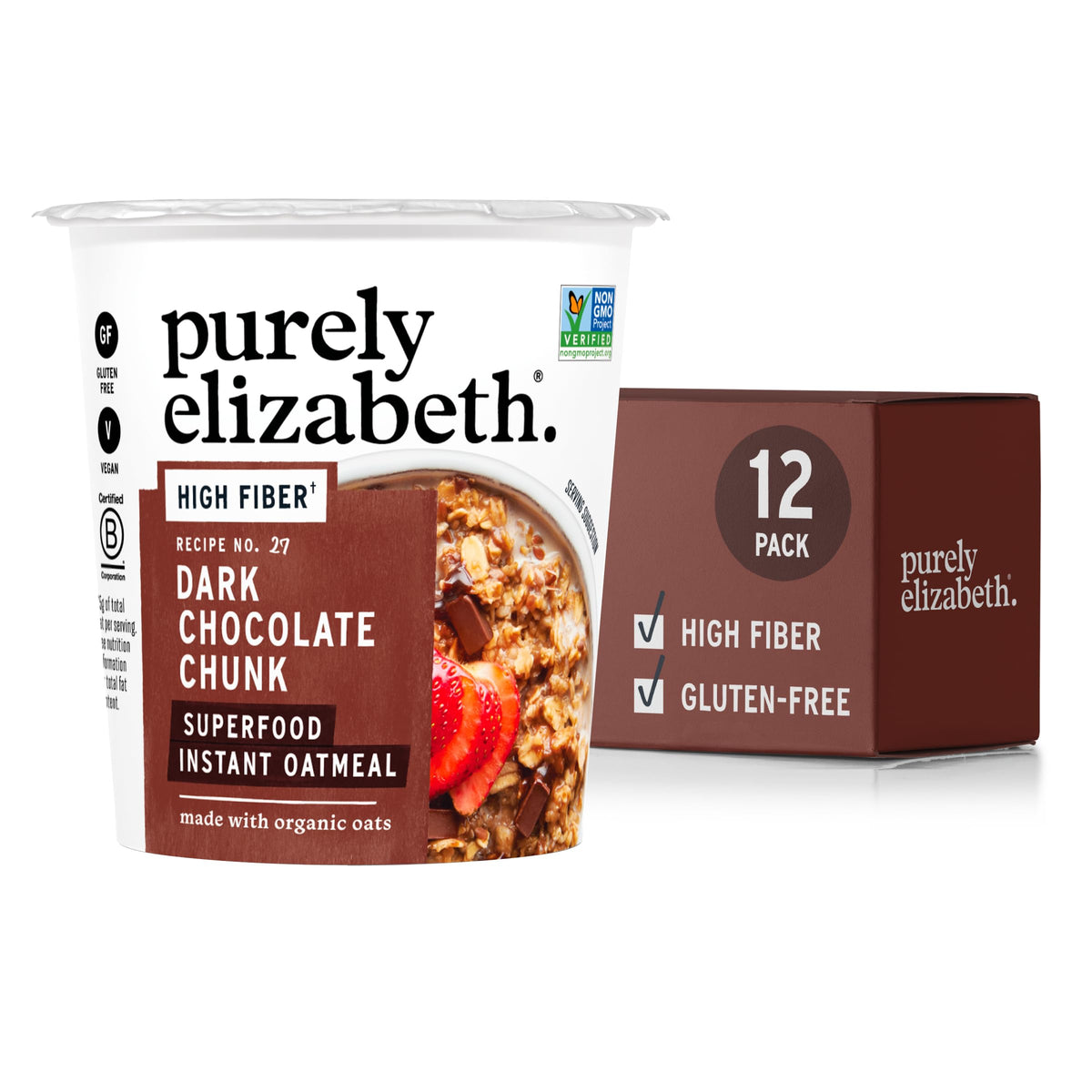 Purely Elizabeth Superfood Oatmeal Cup with dark chocolate chunks, convenient ready-to-heat breakfast.