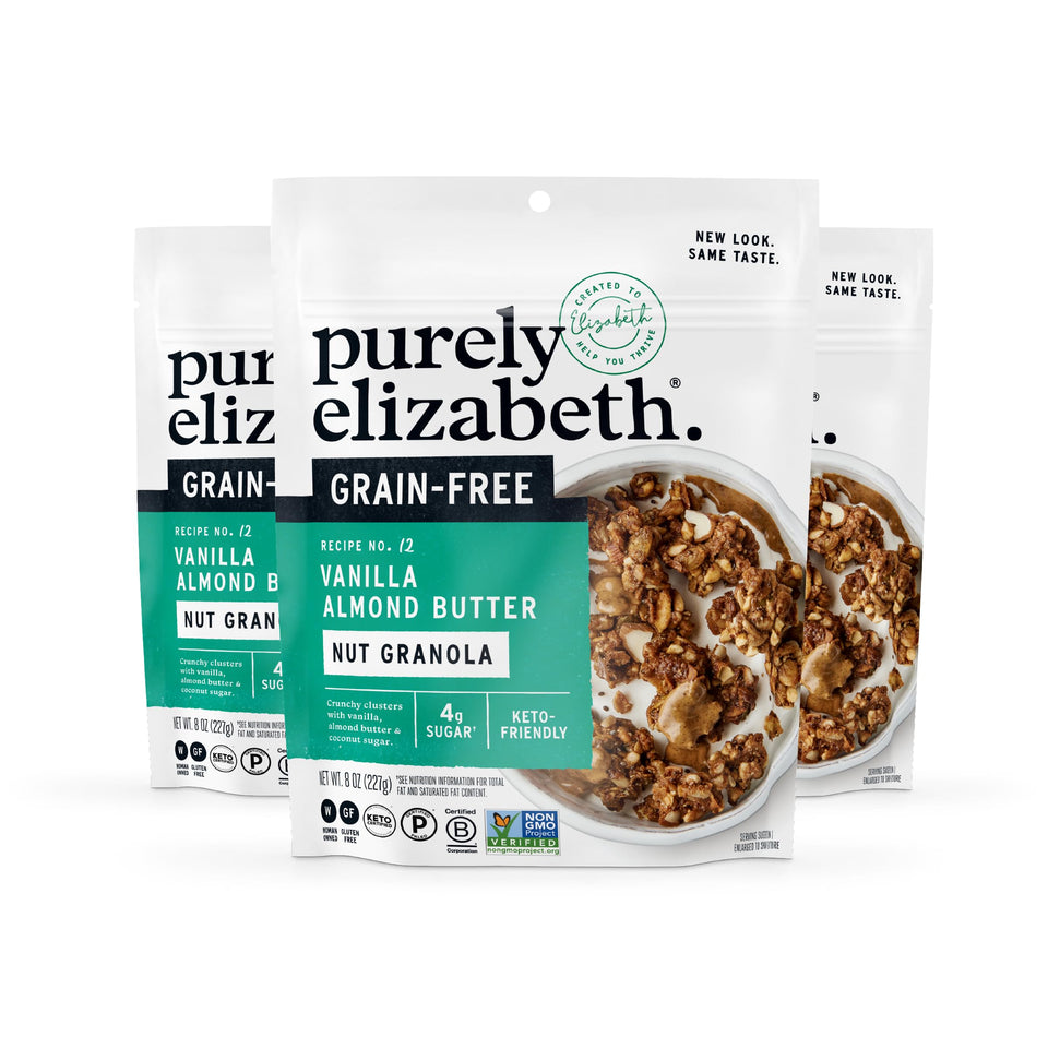 Purely Elizabeth Vanilla Almond Butter granola clusters for a crunchy breakfast.