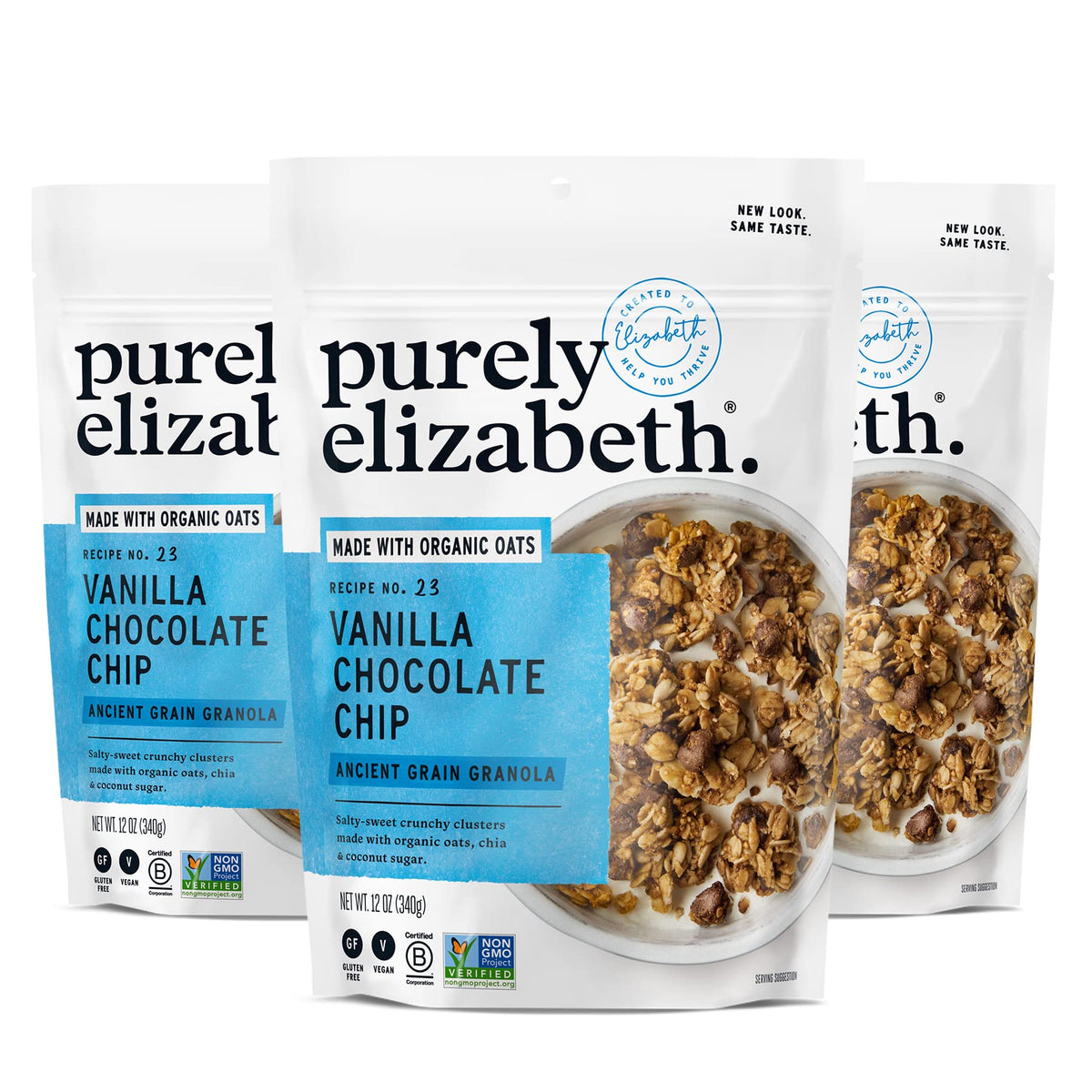 Purely Elizabeth Vanilla Chocolate Chip Granola bag front, gluten-free appeal.