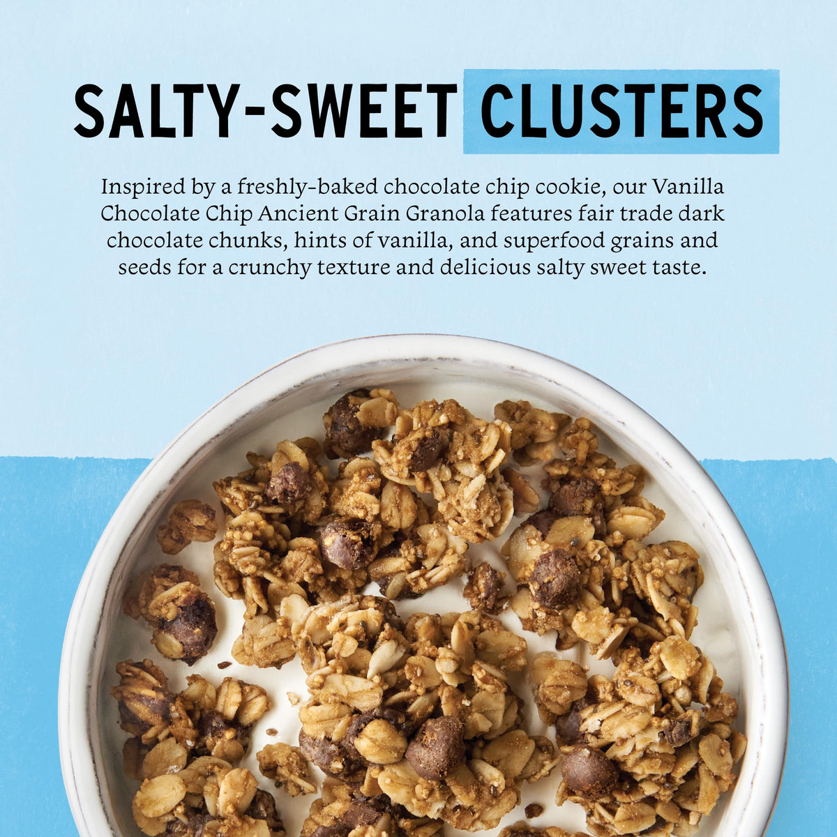 Label closeup of Purely Elizabeth granola showing organic oats and grains.