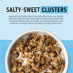 Label closeup of Purely Elizabeth granola showing organic oats and grains.