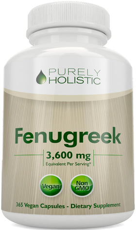 Purely Holistic Fenugreek capsules bottle front highlighting 365 servings for ongoing daily use.