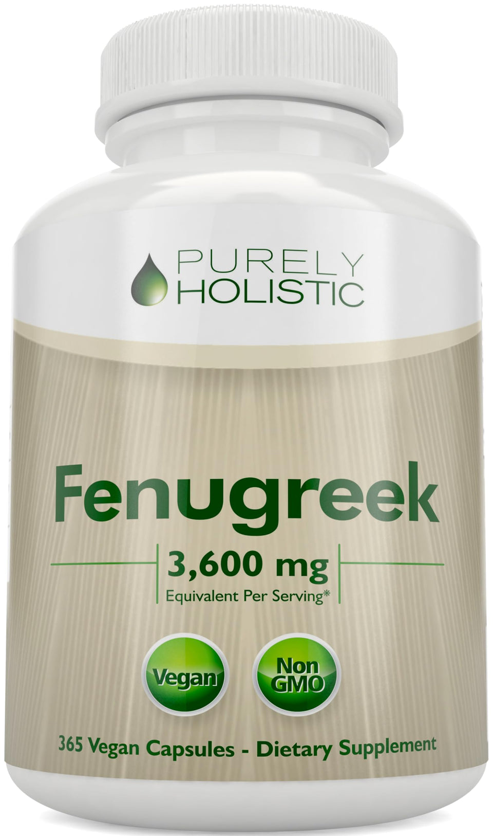 Purely Holistic Fenugreek capsules bottle front highlighting 365 servings for ongoing daily use.