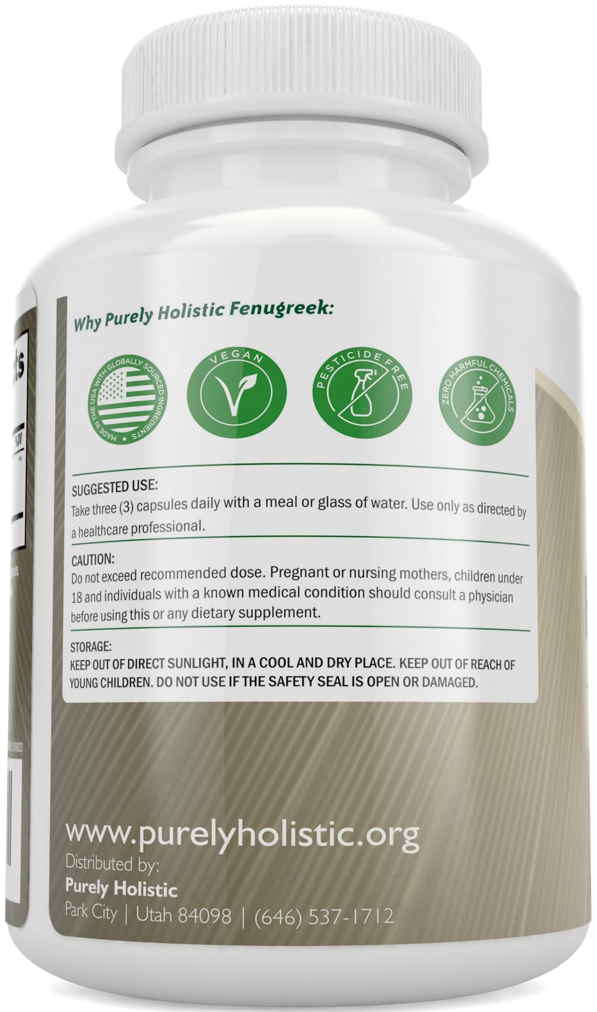 Purely Holistic Fenugreek capsule bottle label close-up shows vegan, non-GMO formula.
