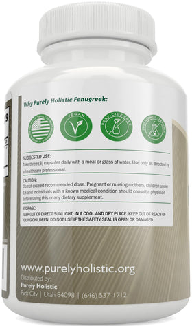 Purely Holistic Fenugreek capsule bottle label close-up shows vegan, non-GMO formula.