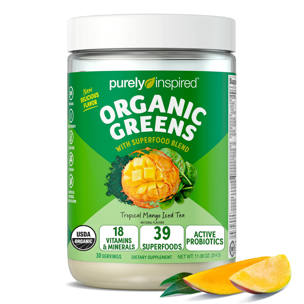 Purely Inspired Organic Greens mango scoop boosts daily plant-based nutrition.