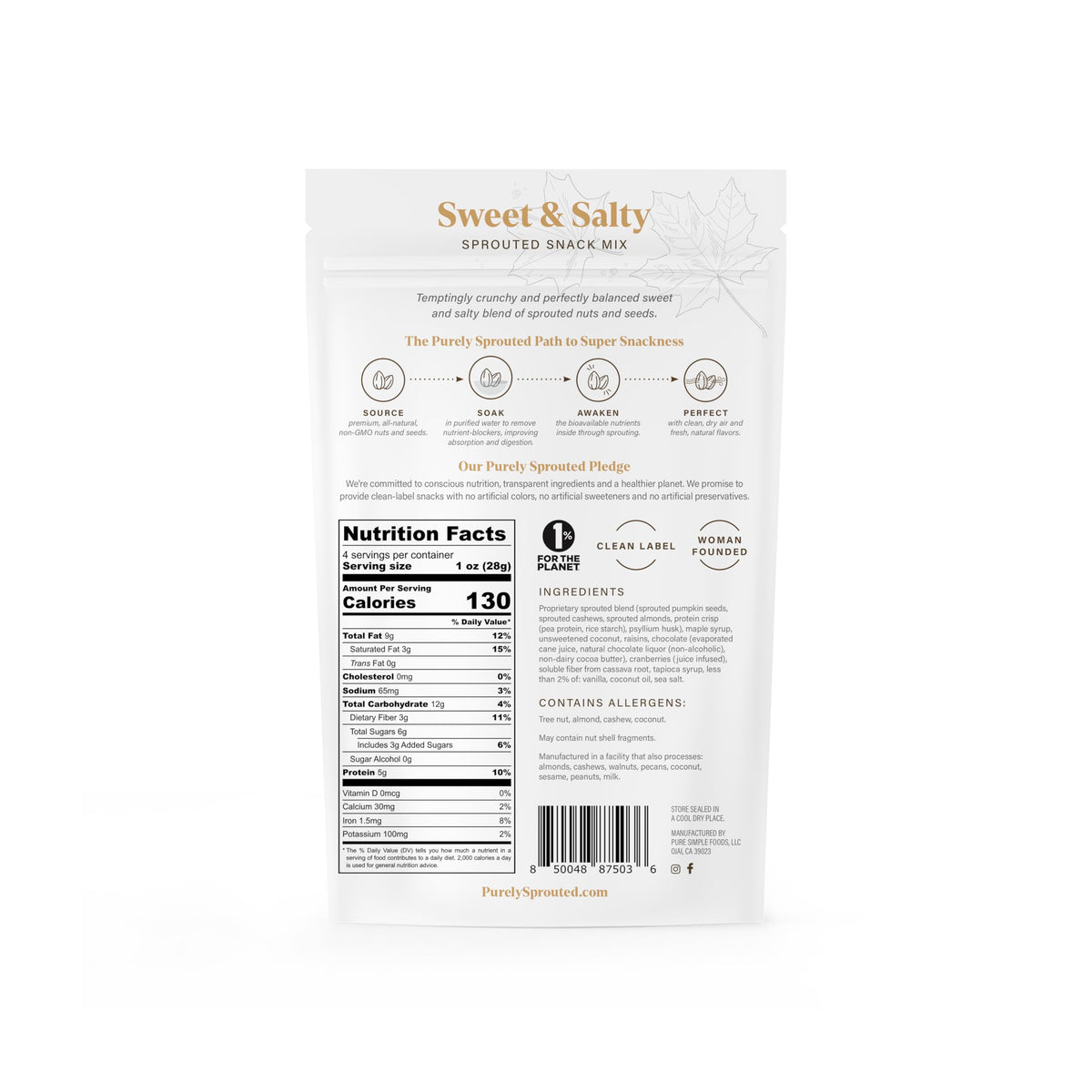 Purely Sprouted Sweet & Salty bag close-up, sprouted texture and colorful ingredients.