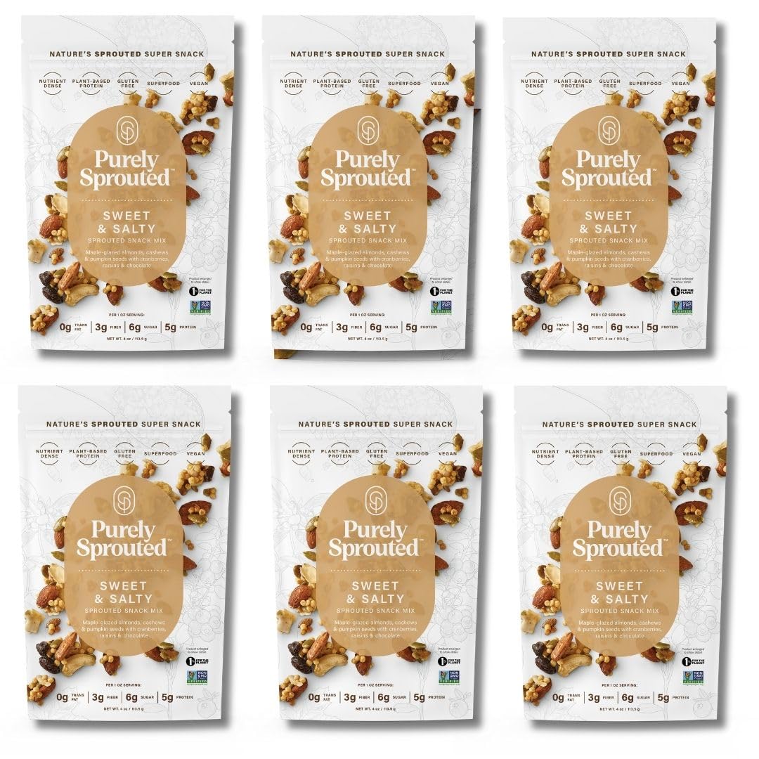 Purely Sprouted Sweet & Salty snack mix front view, gluten-free plant-based option.