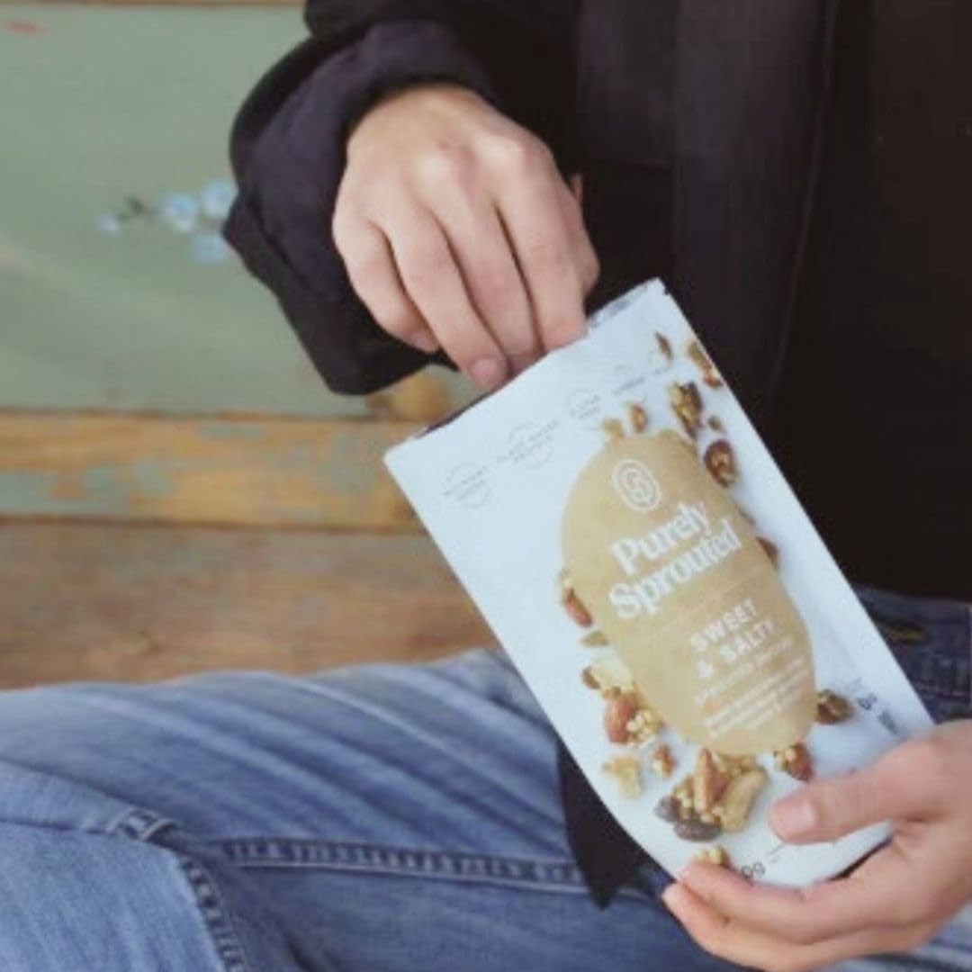 Nutrition-focused Purely Sprouted Sweet & Salty packaging with non-GMO badge.