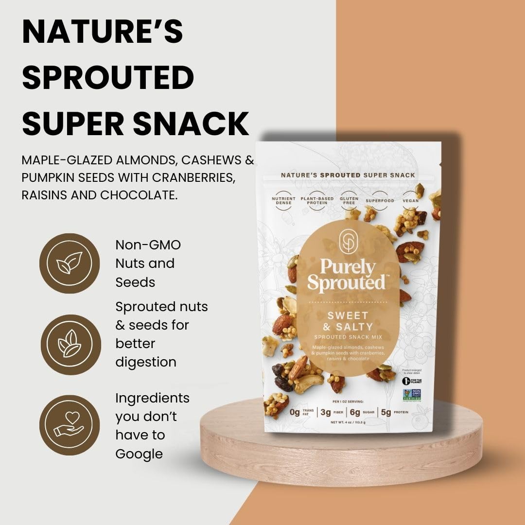 Six-pack of Purely Sprouted Sweet & Salty on kitchen counter.
