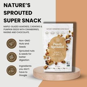 Six-pack of Purely Sprouted Sweet & Salty on kitchen counter.