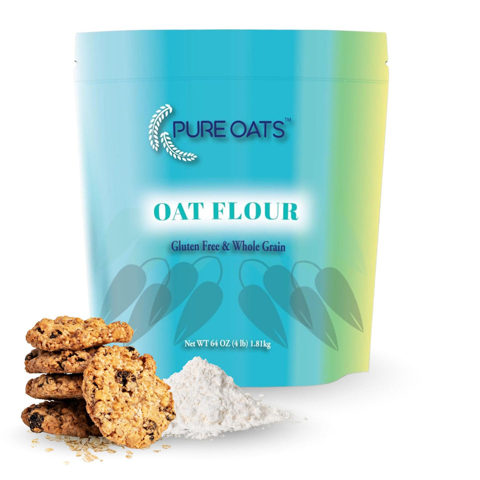 PureOats gluten free oat flour in a bag, ideal for gluten free baking