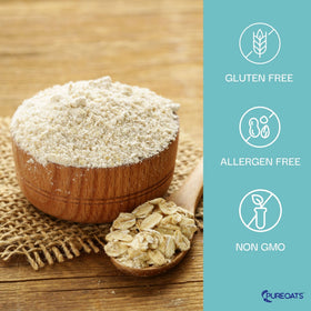 PureOats wholegrain oat flour bag shown on counter