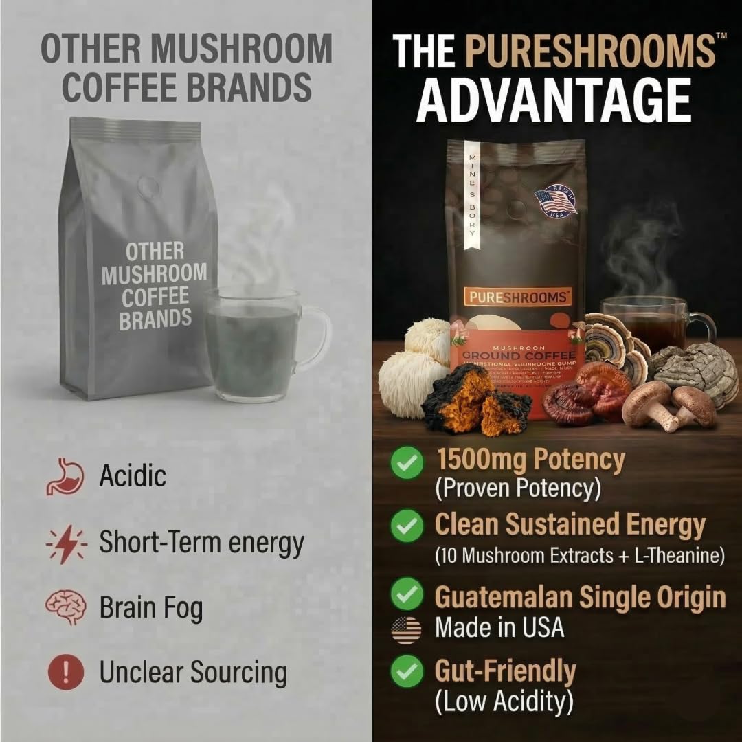 PureShrooms brewed cup with steam conveys a cozy, smooth flavor and alert mood.
