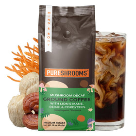 PureShrooms decaf coffee bag front with Guatemala origin