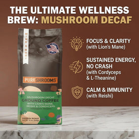 PureShrooms decaf coffee label close-up showing organic blend