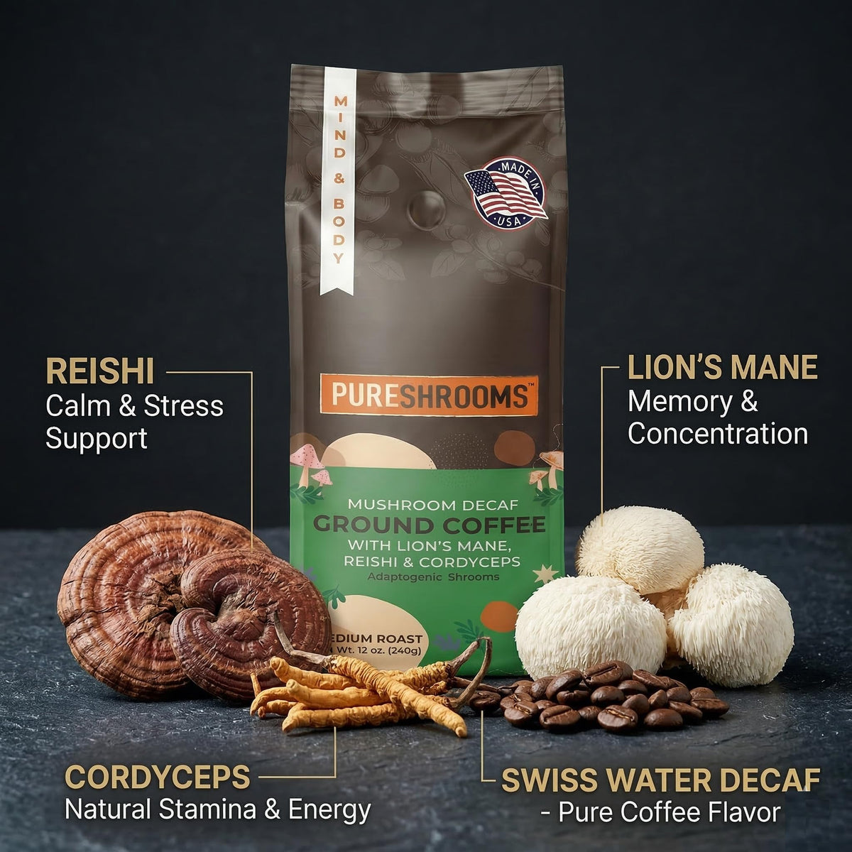 PureShrooms mug with steaming decaf brew for focus