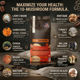 PureShrooms ground coffee close-up reveals rich texture and mushroom notes for balanced focus.