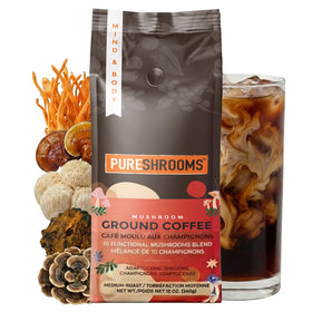 PureShrooms ground coffee package featuring the 10-mushroom blend for a smooth start.