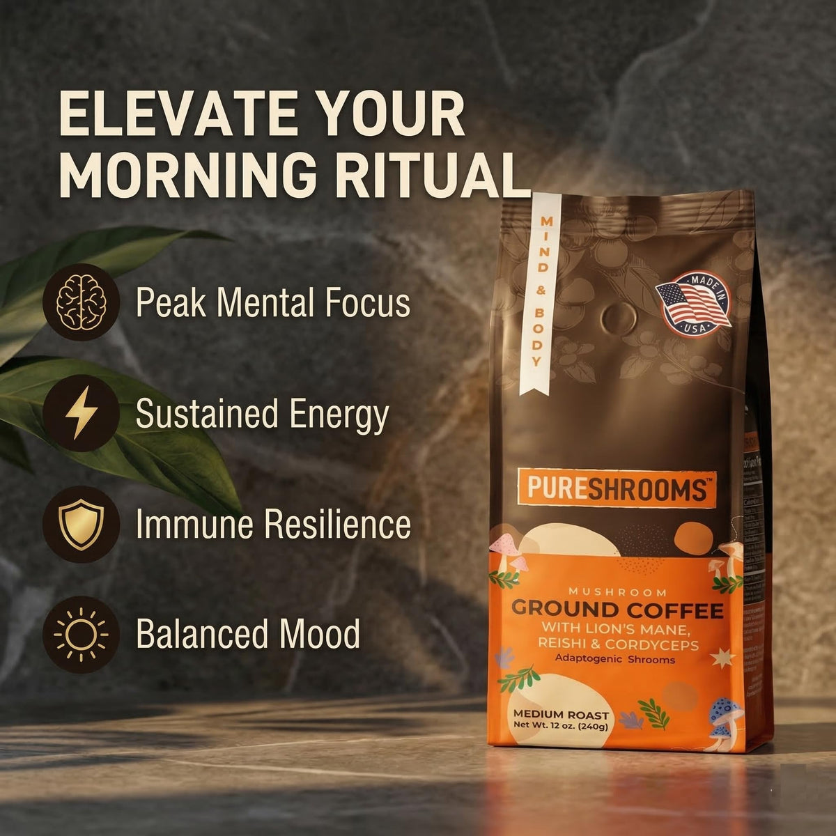 PureShrooms Mind & Body coffee beans highlight premium arabica blend.