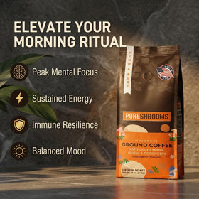 PureShrooms Mind & Body coffee beans highlight premium arabica blend.