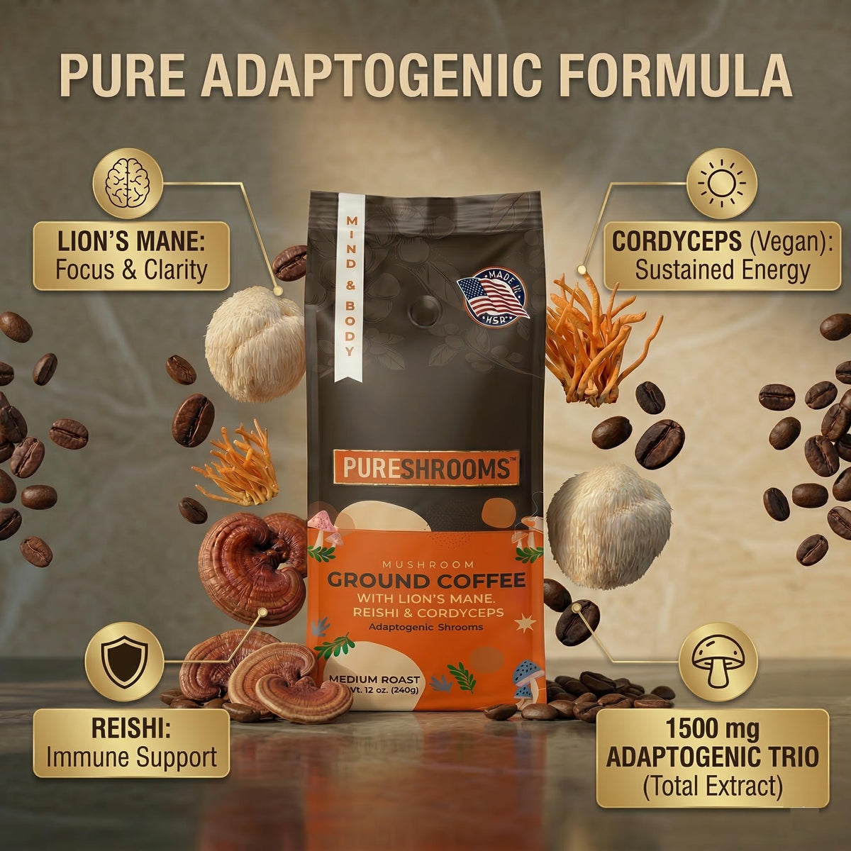 PureShrooms Mind & Body brew cup aroma signals focus and calm.