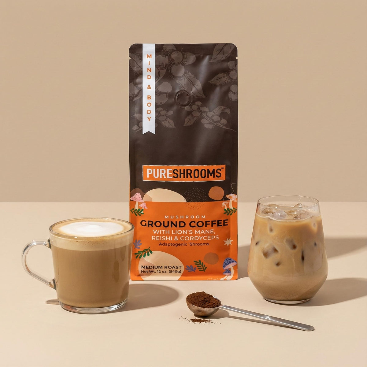 PureShrooms Mind & Body ground coffee ready for brewing with low acidity.