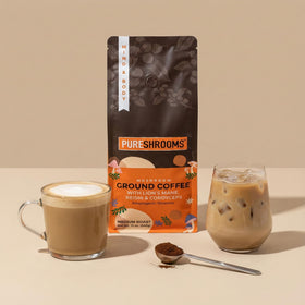 PureShrooms Mind & Body ground coffee ready for brewing with low acidity.