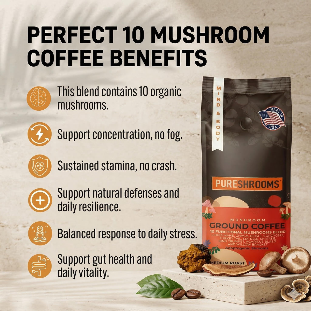 PureShrooms pour-over into mug highlights inviting aroma and steady energy.