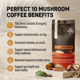 PureShrooms pour-over into mug highlights inviting aroma and steady energy.