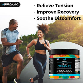 Purganic Hemp Gummies bears close-up highlighting fruity flavor and natural ingredients.