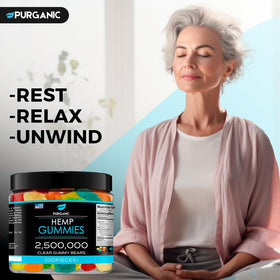 Purganic Hemp Gummies bottle back reveals nutritional info and quality promise.