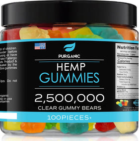 Purganic Hemp Gummies bottle front showing 100-count pack for daily calm.