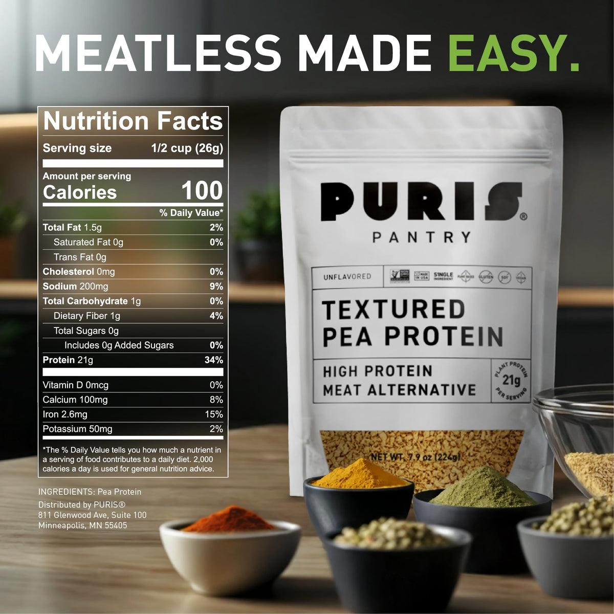 PURIS Pantry Textured Pea Protein bag open for measuring dry-to-liquid hydration.