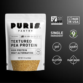 PURIS Pantry Textured Pea Protein cooking pan ready for sizzling alternative.