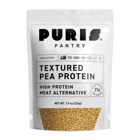 PURIS Pantry Textured Pea Protein package shows gluten- and soy-free protein substitute.