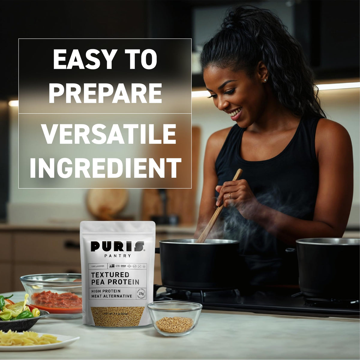 PURIS Pantry Textured Pea Protein plated dish, absorbs flavors beautifully.