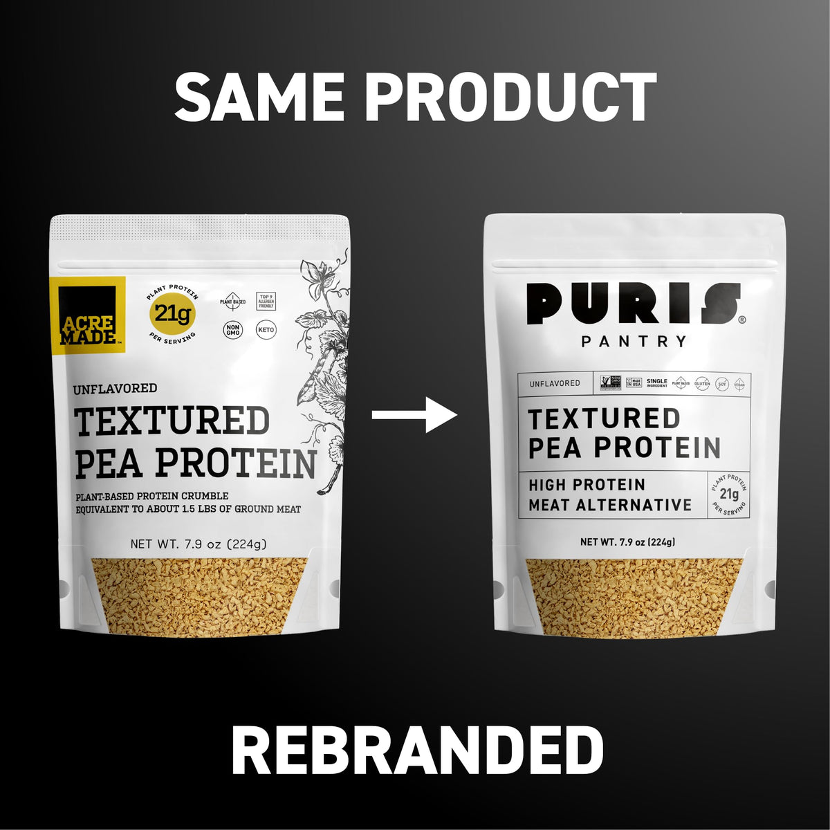 PURIS Pantry Textured Pea Protein measuring cup shows 21 g per serving.